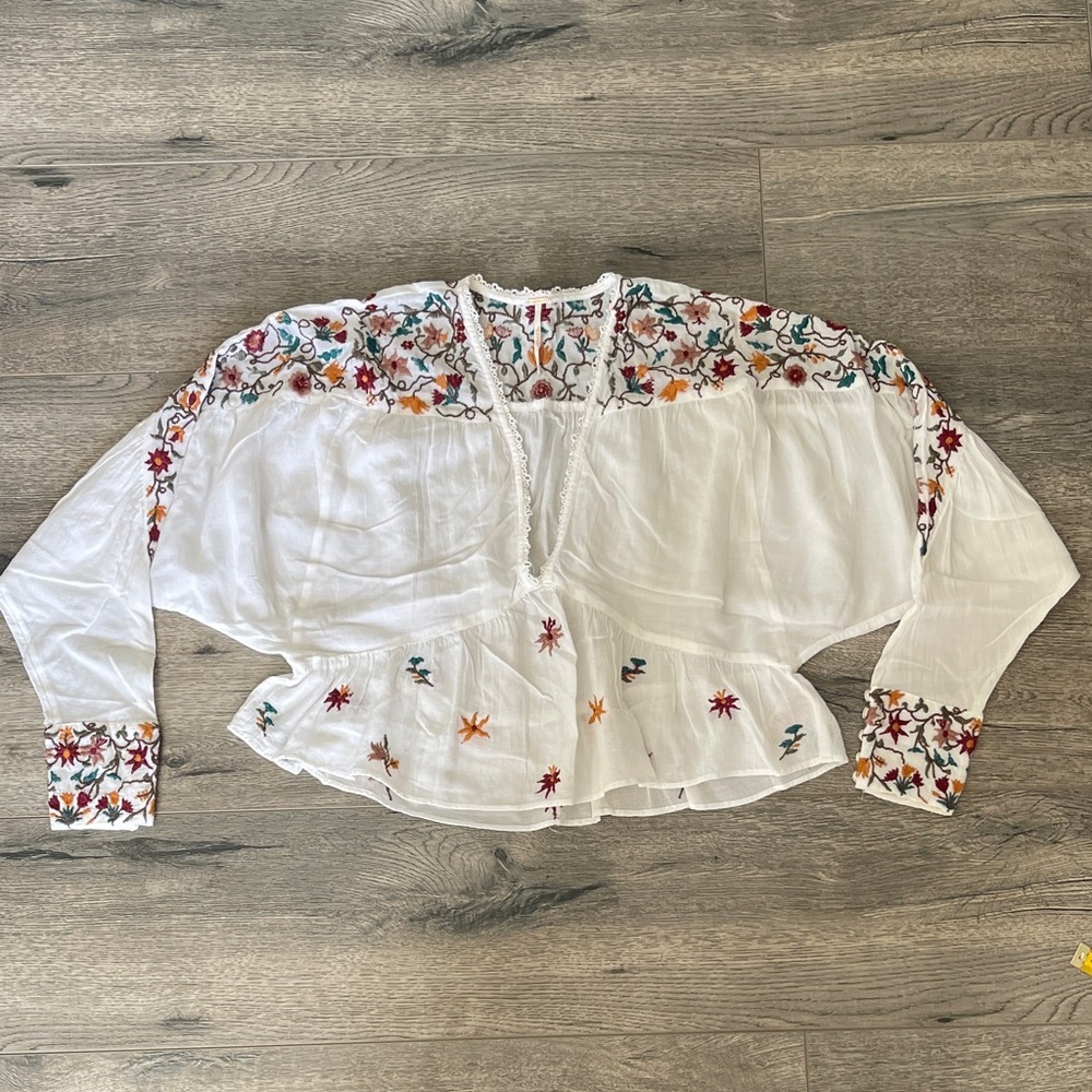 Free People White Blouse with Colorful Embroidery